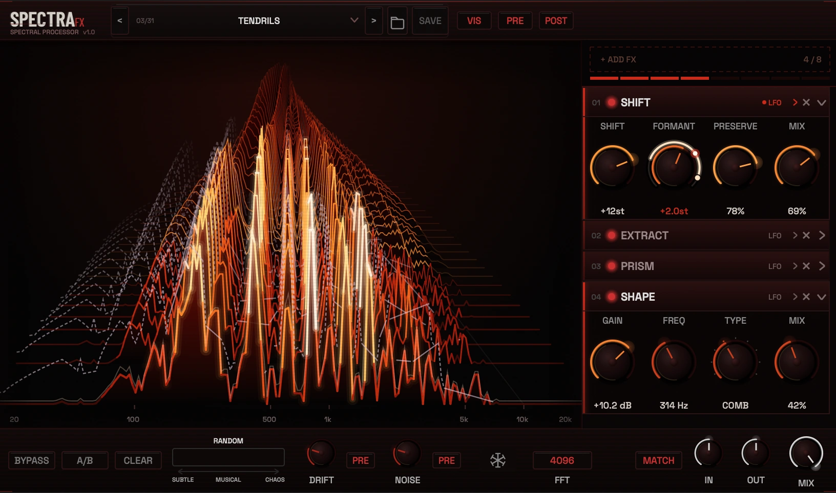 SPECTRAfx running the TENDRILS preset: the ember waterfall visualizer beside a four-slot rack with SHIFT, EXTRACT, PRISM and SHAPE loaded