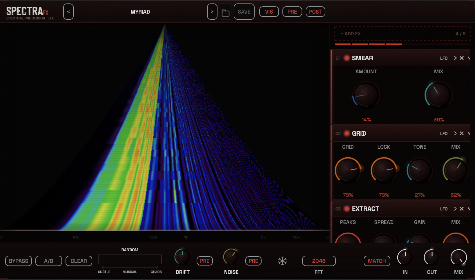 SPECTRAfx plugin interface showing the spectral chain with Smear, Grid, and Extract modules active